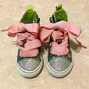 Sparkly Silver Glitter High Top featuring Butterflies and Pink Ribbons